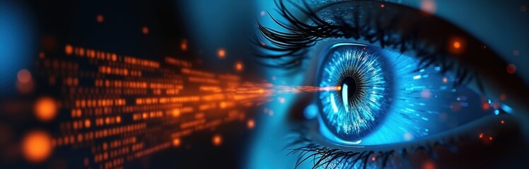 Digital eye with futuristic tech data stream. Artificial intelligence concept. Cyber security theme visualizes vision and innovation with data transfer.