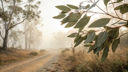 Eucalyptus leaves in soft morning light on a misty countryside road