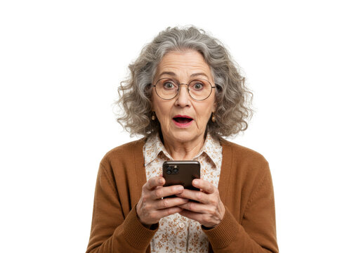 Surprised senior woman with smartphone isolated on transparent PNG, elderly lady looking shocked at her phone with open mouth, no background