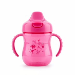 Pink baby sippy cup with cute animal design on a white background