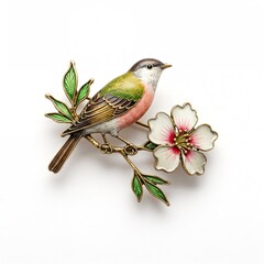 Enamel brooch depicting a bird perched on a flower branch, elegant design, isolated on white background