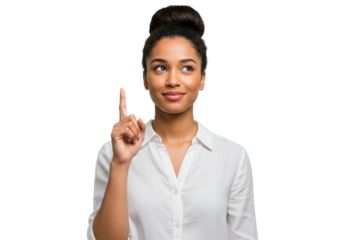 Young woman pointing up isolated on transparent background, idea concept with thoughtful expression in a PNG image