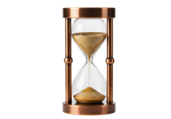 Elegant bronze hourglass with golden sand isolated PNG, time management concept for deadlines and productivity on transparent background