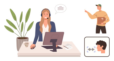 Female support agent with headset at desk assisting a caller, courier holding a package. Facial recognition icon shown. Ideal for support, voice technology, delivery, customer service, tech