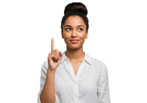 Young woman pointing up isolated on transparent background, idea concept with thoughtful expression in a PNG image