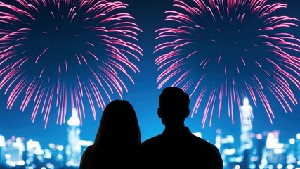 Romantic couple watching colorful fireworks display over city skyline at night celebrating love and special occasions together - Powered by Adobe