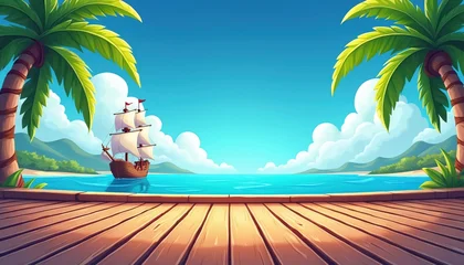 Handdoek met foto Piraten Wooden pier overlooks tropical island beach. Sailing ship floats on bright blue ocean water. Palm trees frame scene with green leaves against sky. Lush green hills rise behind sandy shore.  © Viktor