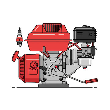 Detailed illustration of a red and gray industrial engine, showcasing mechanical components like a spark plug and carburetor