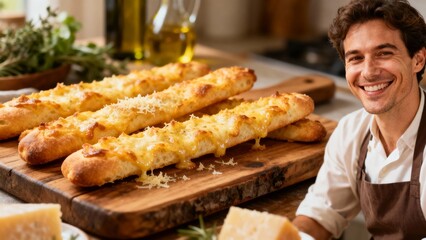 Breadsticks parmesan - crispy breadsticks with aromatic parmesan on wooden board elegantly served for exquisite presentation in Italian style on dark background.