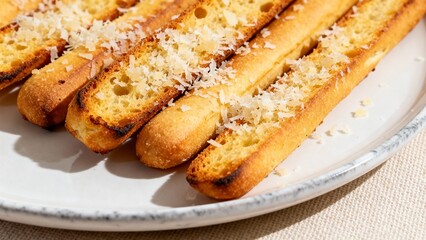 Breadsticks parmesan - crispy breadsticks with aromatic parmesan elegantly arranged on wooden serving board for exquisite presentation in Italian style.