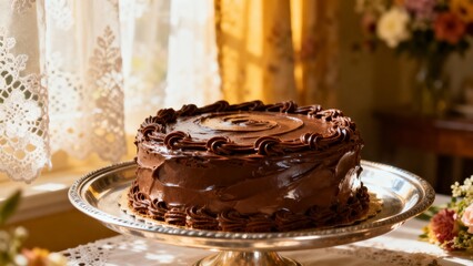 Cake on vintage silver tray, a chocolate frosted dessert in retro style, creating an atmosphere of cozy hospitality and celebration.