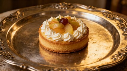 Cake on vintage silver tray, a festive dessert in retro style, creating an atmosphere of cozy hospitality and celebration.