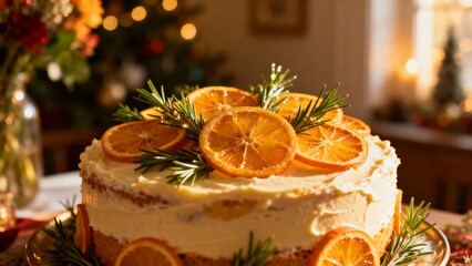 Cake with dried orange slices and herbs, a rustic botanical dessert, creating an atmosphere of natural elegance and artisanal charm.