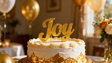 Cake topper gold letters "joy", a festive decoration for celebration, creating an atmosphere of happiness and elegant triumph.