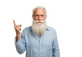 Senior man with long white beard in blue shirt isolated on transparent PNG, pointing up with finger for attention or important announcement