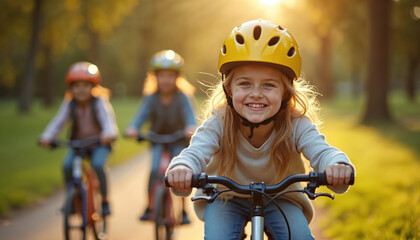 Naklejka premium Happy young girl in yellow helmet rides her bike on path. Friends cycle behind her in park. Sunlight shines through trees on warm summer day. Kids enjoy outdoor activity, learning to ride safely.