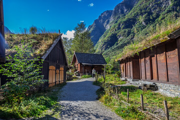 Viking huts in a viking village in Gudvangen, Norway