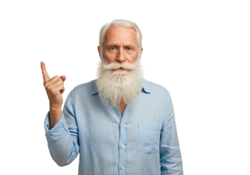 Senior man with long white beard in blue shirt isolated on transparent PNG, pointing up with finger for attention or important announcement - Powered by Adobe