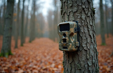 Camera trap attached to tree trunk in autumn forest. Camouflage device used for wildlife monitoring, research. Motion detection technology captures images of animals in natural habitat. Forest floor