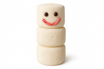 Marshmallow snowman smiling, candy dessert for winter holidays and christmas, transparent background