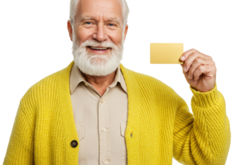Smiling senior man holding a gold card isolated PNG, elderly gentleman with credit card for financial services and retirement planning