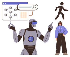 AI robot pointing at connected blockchain icons, search bar, human figure, and casual person. Ideal for technology, AI, blockchain, machine learning innovation teamwork modernity. Simple flat