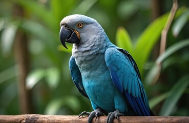 Obraz premium Bright photo of Spix macaw parrot. The blue bird sits on wooden branch. The macaw is colorful exotic animal with vibrant plumage. Portrait shot against blurred green background.