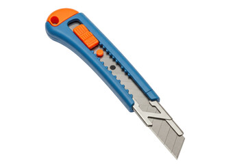 Blue and orange utility knife isolated PNG, retractable blade cutter for construction, repair, and crafting projects on transparent background
