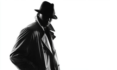 Naklejka premium A shadowy figure in a trench coat and hat