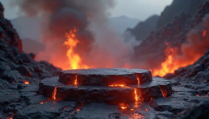 Rocky lava platform in volcanic landscape with hot magma and flames. Stone podium in burning rocky terrain with fire and smoke. Volcanic eruption scene with burning rocks and lava flow.