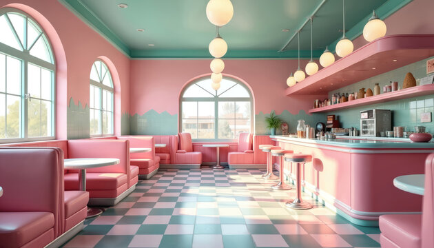 Vintage ice cream parlor interior with pink, turquoise colors. Retro cafe with pastel decor, booths, counter. 1950s style eatery with checkered floor, round lights, large windows. Sweet nostalgic