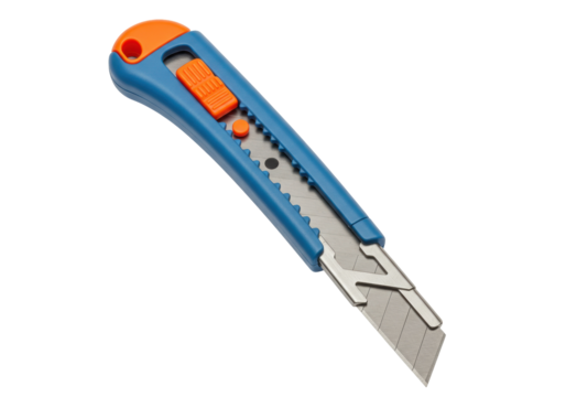 Blue and orange utility knife isolated PNG, retractable blade cutter for construction, repair, and crafting projects on transparent background