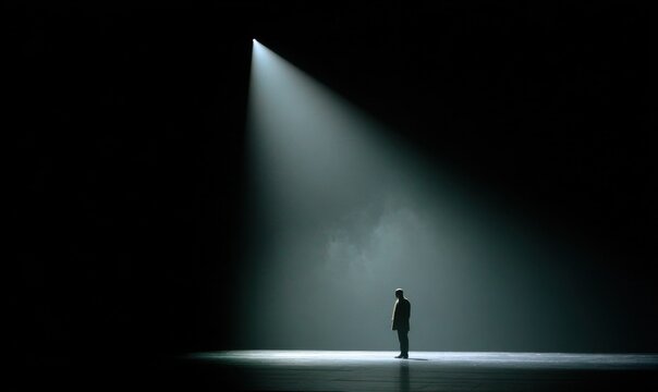 A solitary figure illuminated by a spotlight in a dark space
