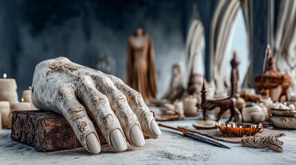 a close-up view of a handmade statue of a hand resting on a table surrounded by candles and statues.