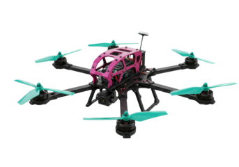 Pink and black racing drone PNG isolated on transparent background, high-speed aerial vehicle for FPV and freestyle flying