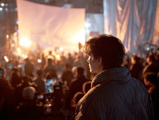 Fototapeta premium a boy in a hoodie stands amongst a crowd of people during sunset