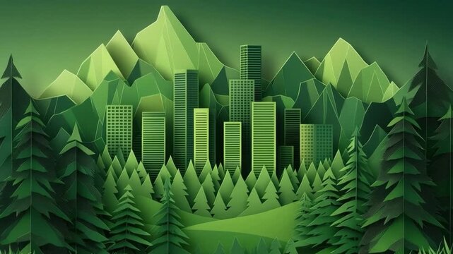 Lush Green Forest with Mountains and Stylized City Skyline, a Harmonious Blend of Nature and Urban Landscape Design