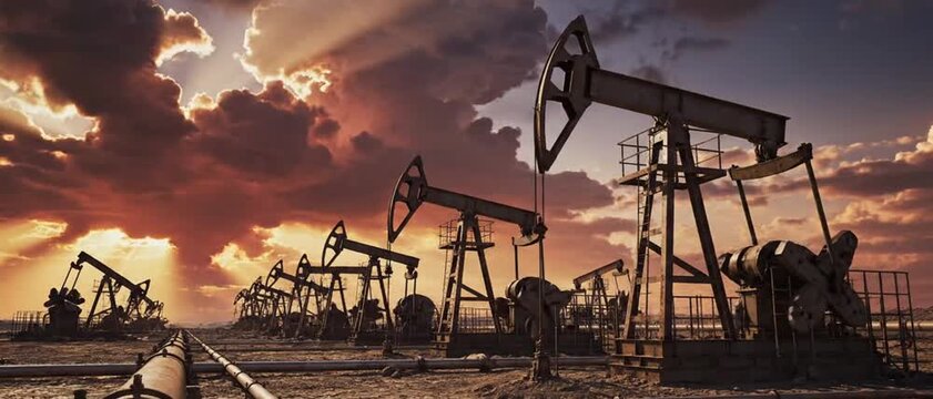 Oil Pump Jacks Under a Dramatic Sky: Industrial Landscape, Energy Production, Fossil Fuels, and Environmental Concerns