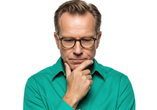 Pensive middle-aged man with glasses isolated on transparent background, thoughtful expression and green shirt, studio shot - Powered by Adobe