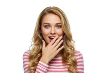Surprised blonde woman with hand over mouth isolated on transparent PNG, expressing shock or disbelief with a pink striped shirt