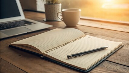 Open Notebook with Pen and Coffee Cup on Wooden Desk