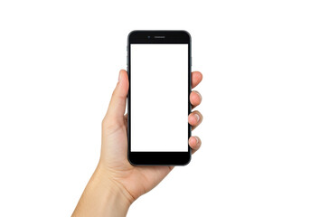 Hand holding a black smartphone isolated on transparent background, mobile device mockup for app presentation and responsive design