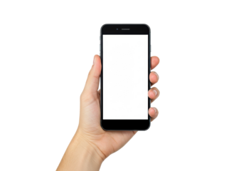 Hand holding a black smartphone isolated on transparent background, mobile device mockup for app presentation and responsive design