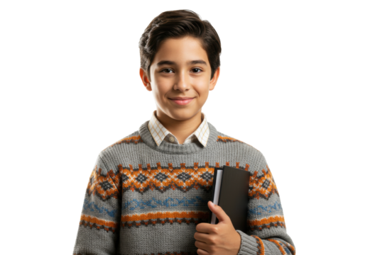 Smiling young boy holding a book isolated on transparent PNG, student with dark hair wearing sweater for school and education