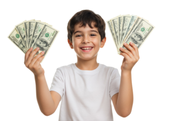 Happy young boy holding fanned stacks of hundred dollar bills isolated, financial success and wealth concept