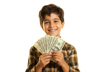 Smiling boy holding money isolated, happy child with US currency for financial success and childhood dreams