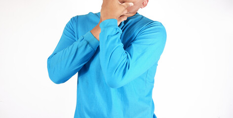 Sore throat, man with neck pain or sore throat, health problem concept. Young man with sore throat...