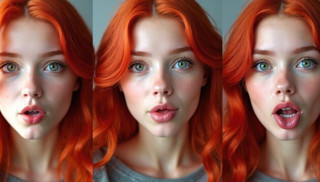 Young redhead woman with blue eyes, freckles makes funny face. Female model poses for closeup portrait. Playful girl with vibrant red hair, cute expression. Surprised, joyful facial emotions. Modern