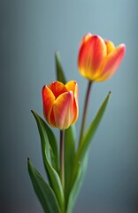 Close-up of two vibrant orange, yellow tulips with green leaves against blue background. Tulips have pink edges, yellow centers. Leaves are long, slender. Flowers are in focus, background is blurred.