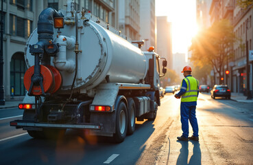 Fototapeta premium Sewerage truck and worker on city street. Utility man in safety vest and helmet standing beside large white sewage truck. Industrial vehicle for cleaning sewer pipes and drainage system.